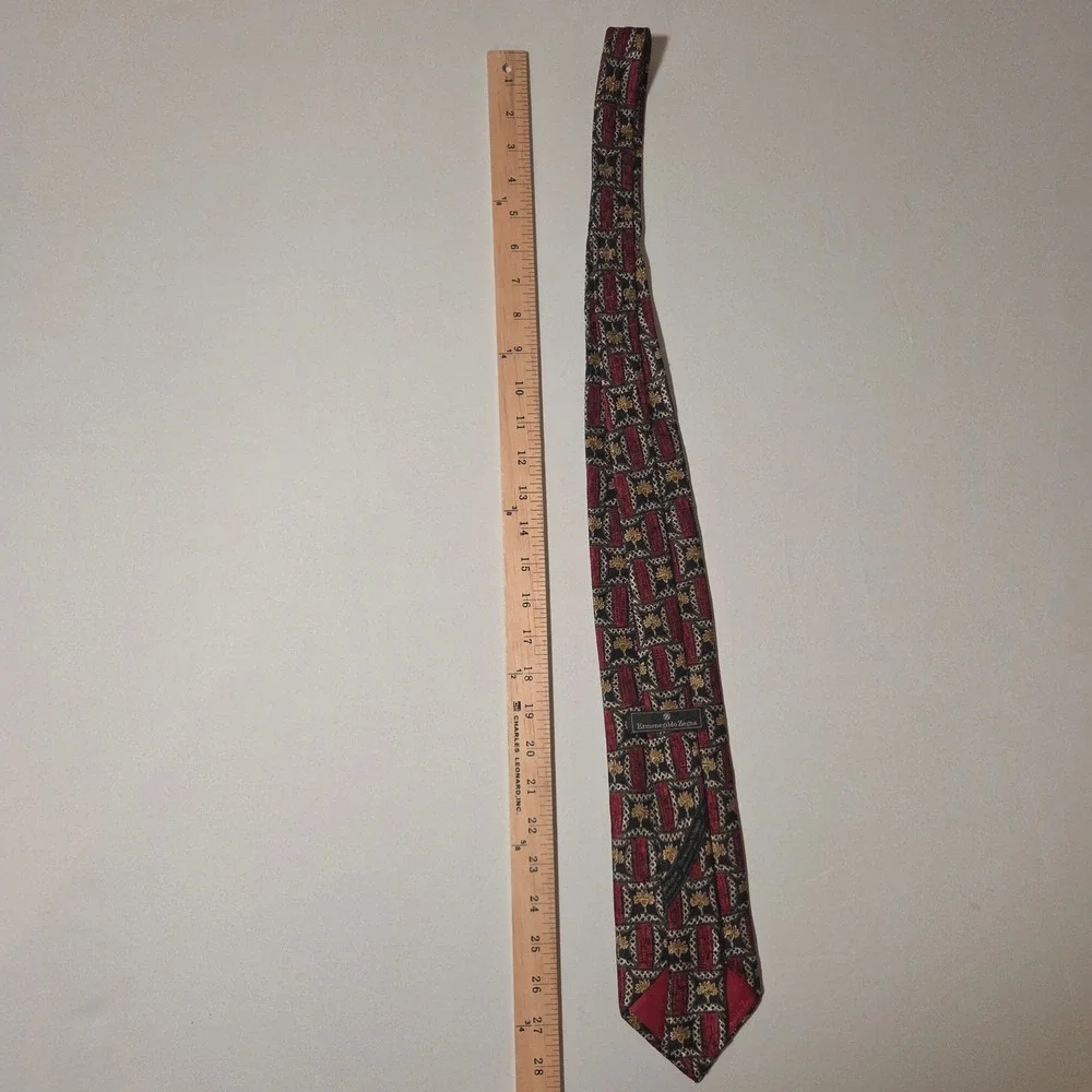 Ermenegildo Zegna Silk Tie Vintage Red Gold Geometric Floral Made in Italy